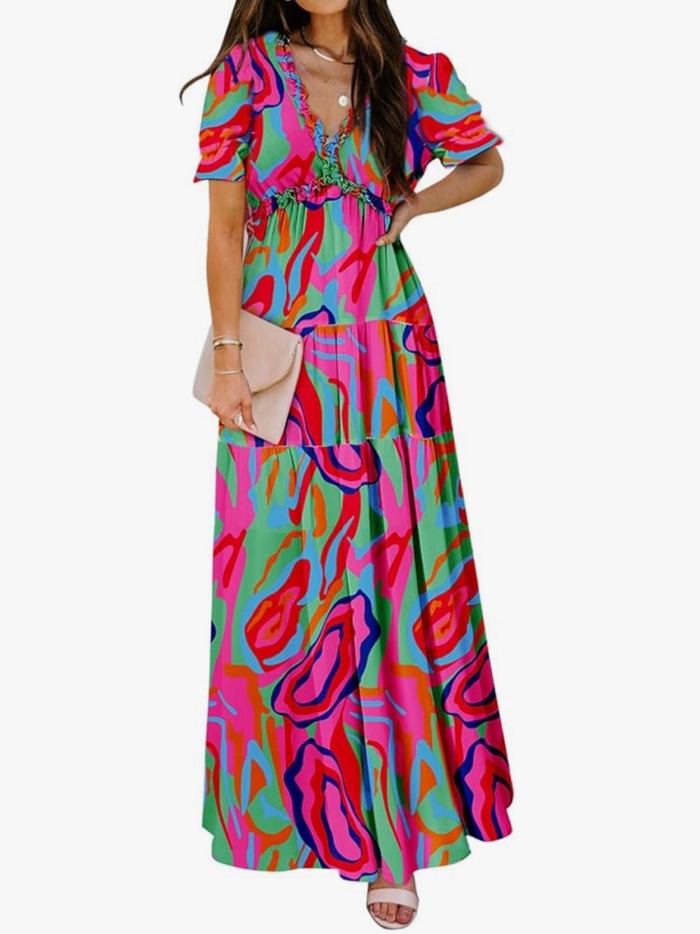 Women's Pink Multicolor Boho V-Neck Maxi Dress